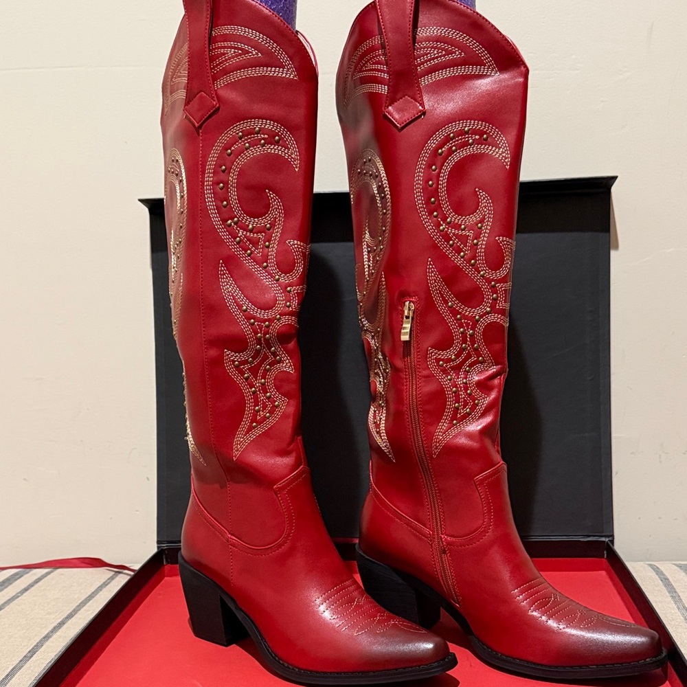WETKISS Red Embroidered Embellished Vegan Leather Cowboy Women's Western Boots